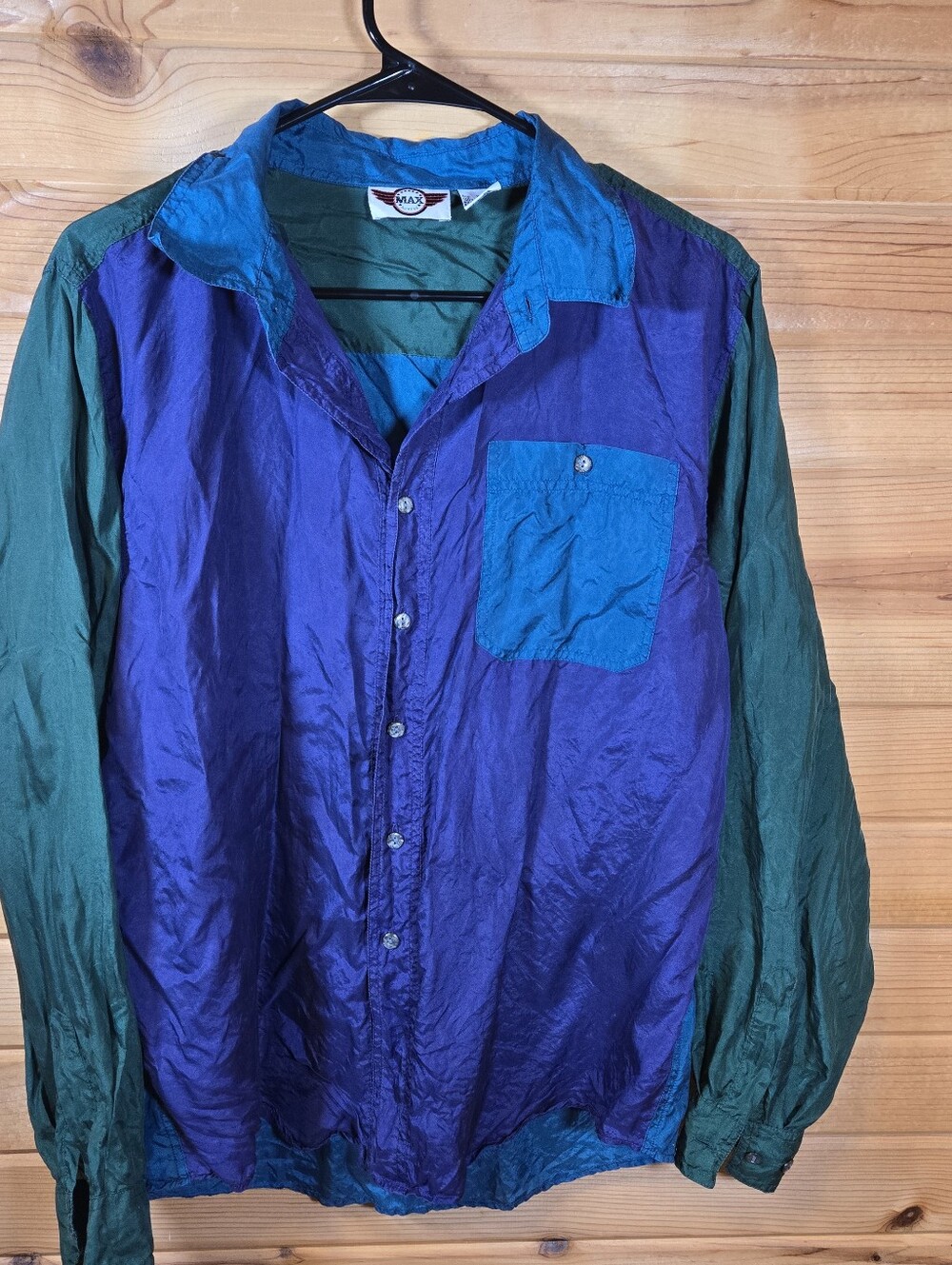 Vintage Silk Shirt Men's XL Button Long Sleeve Colorblock Blue Green Purple 90s